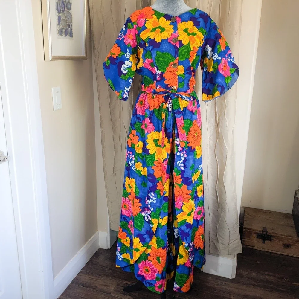 Handmade Vintage 70s Psychedelic Floral Palazzo Jumpsuit XS Mod Wide Leg
